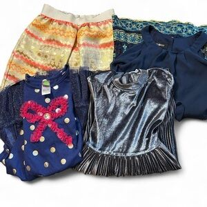 💖 Girls Bundle Size 6–7 Sparkly Velvet & Lace – 3 Dresses + 1 Fancy Skirt